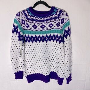 Vintage Handmade White Purple Turquoise Fair Isle Crew Neck Knit Sweater S